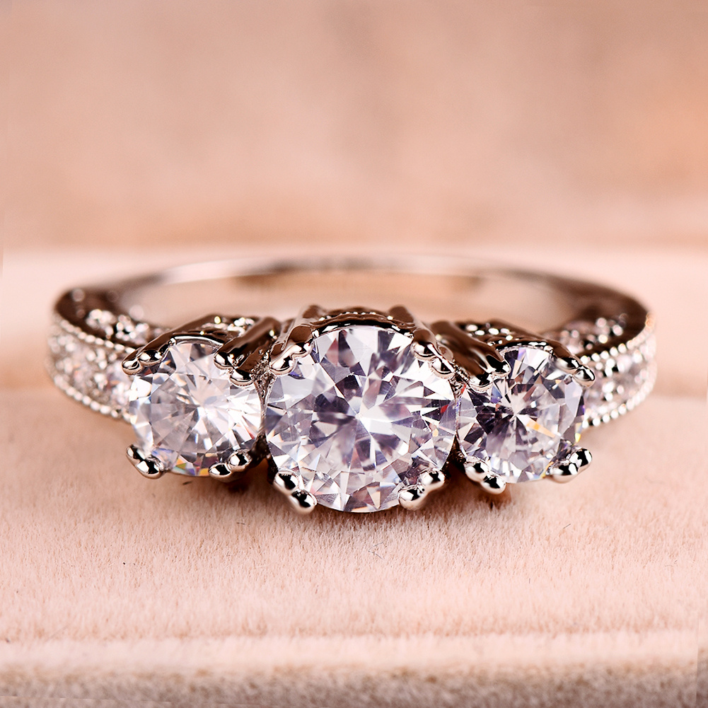 Silvery Three Stone Zirconia Engagement Wedding Band Ring